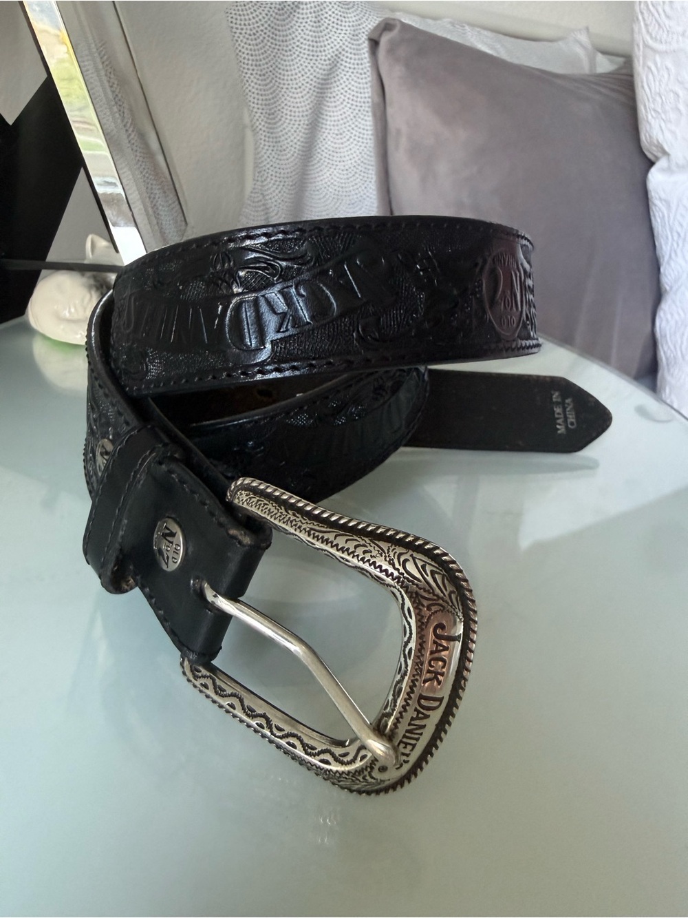 Jack Daniels Black Leather Embossed Men's Belt with Decorative Silver Buckle
